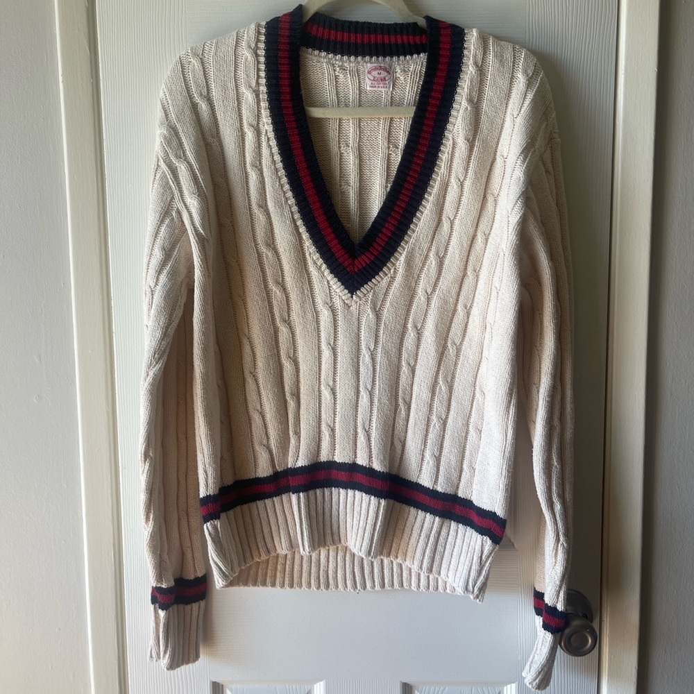 Brooks Bothers Vintage Cream, Blue and Red Cotton Seater Cardigan Preppy Cozy